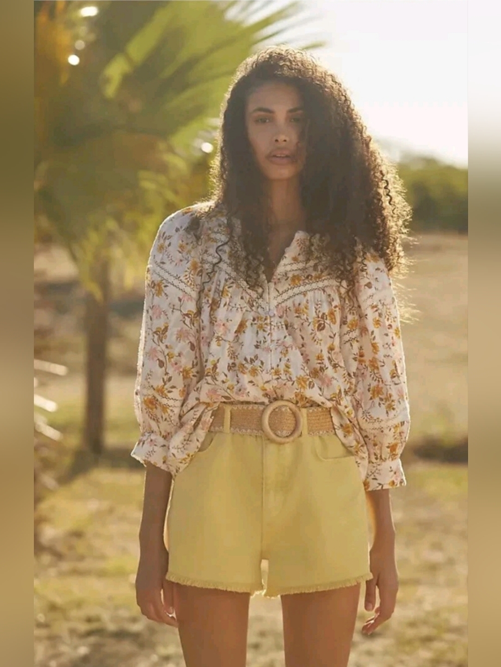 Anthropologie Floral Split-Neck Peasant Blouse in Cream and Yellow